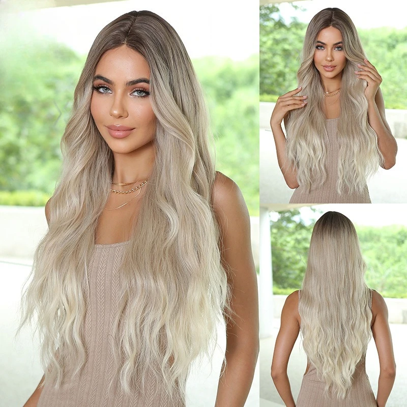 

Wig female long hair medium gradual change platinum big waves long curly hair fluffy daily natural wig full head cover female