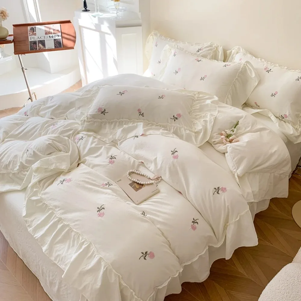 Rose Embroidered Duvet Cover Set (1*Duvet Cover + 2*Pillowcase, Without Core), Princess Style Lace Bedding Set