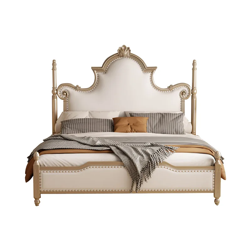 طراز أمريكي، فاخر خفيف، سرير جلدي، غرفة نوم رئيسية، حقيبة ناعمة، كريمي، خشب متين