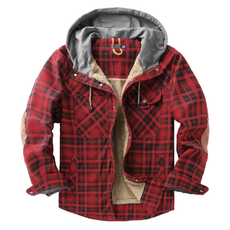 

2025 осенне-зимняя мужская американская ретро модная универсальная повседневная свободная шерстяная толстая теплая ветрозащитная уличная клетчатая рубашка с капюшоном