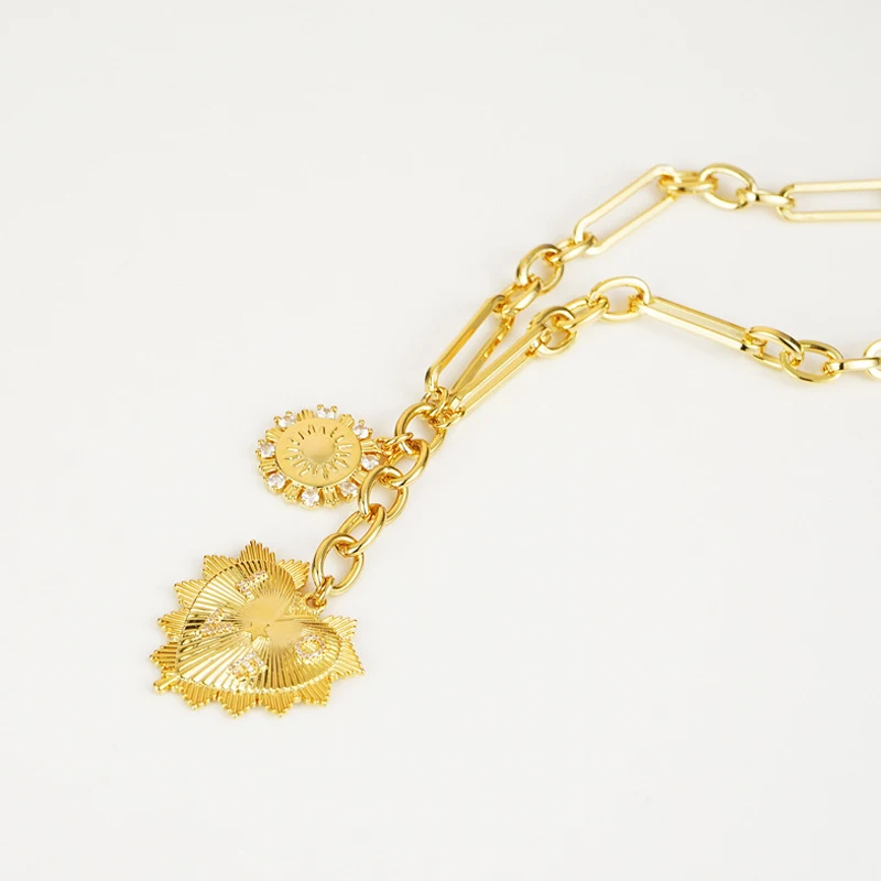 Sun Heart Pendant Choker Necklace Sweater Chain Necklace for Women Gils,18K Gold Plated Multi Pendants Chunky Chain Hip Hop
