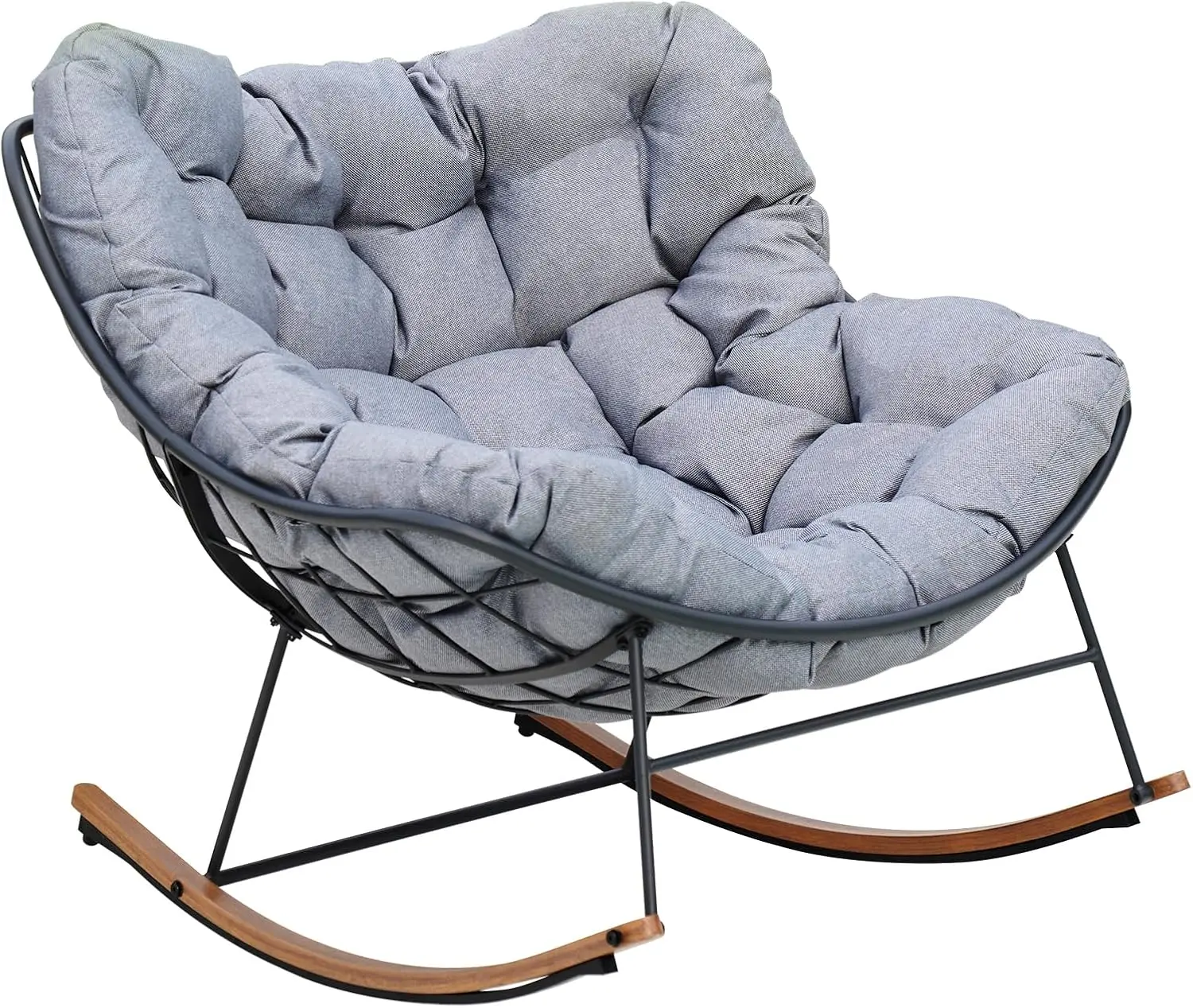 كرسي هزاز باباسان مطلي بالطلي الإلكتروني مع وسادة، كرسي خارجي كبير الحجم لحديقة الشرفة في الفناء، رمادي