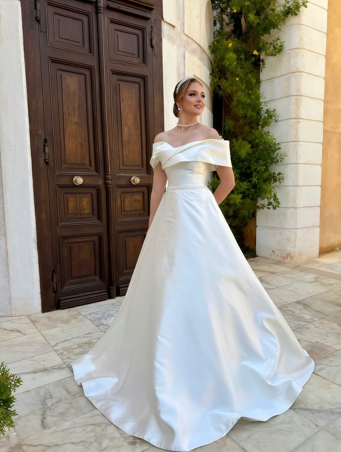 

Customized elegant wedding dress, white satin off-the-shoulder sleeveless A-line dress, wedding party dress Vestido de novia