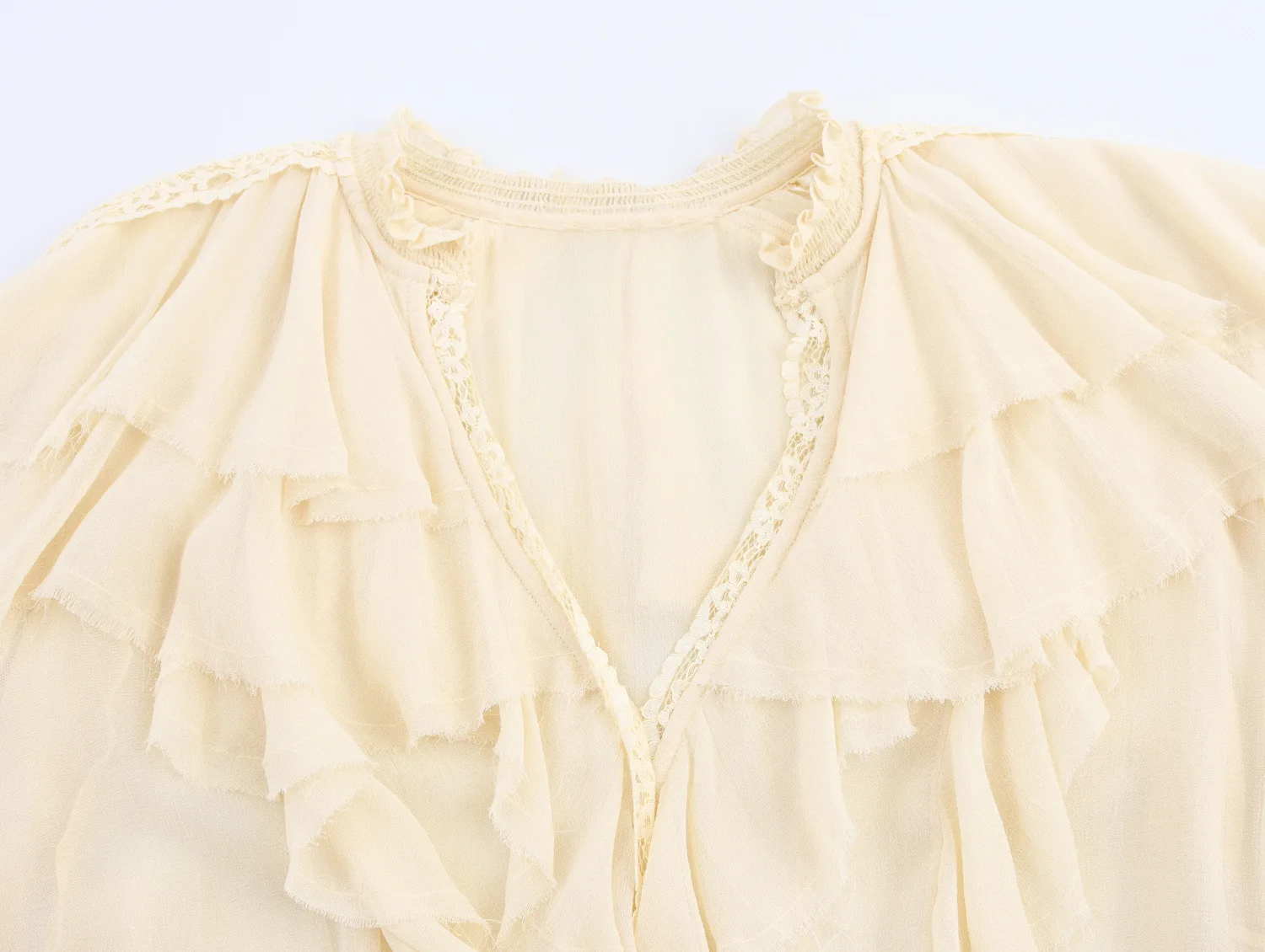 Camicia a pieghe in pizzo vestibilità ampia tinta unita a strati con scollo a V a maniche lunghe casual di nuova moda per donna