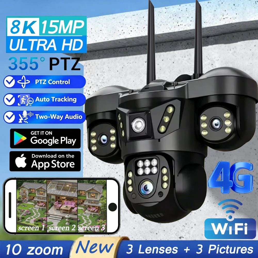 

Камера V380 Pro 15 МП с тройным объективом, PTZ, 4G SIM, беспроводная, уличная, водонепроницаемая, с PIR-датчиком обнаружения человека, Wi-Fi видеонаблюдение