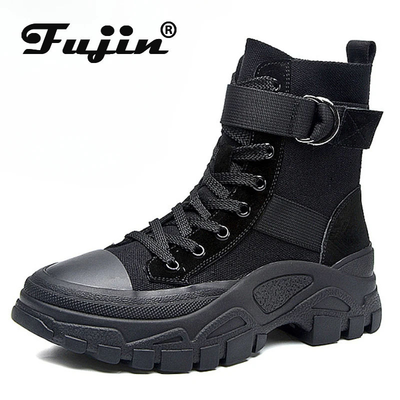 Fujin High Quality Canvas Motorcycle Punk Women Ankle Boots Spring Autumen Outdoor Sports Platform Boots Chunky Booties Shoes ZA