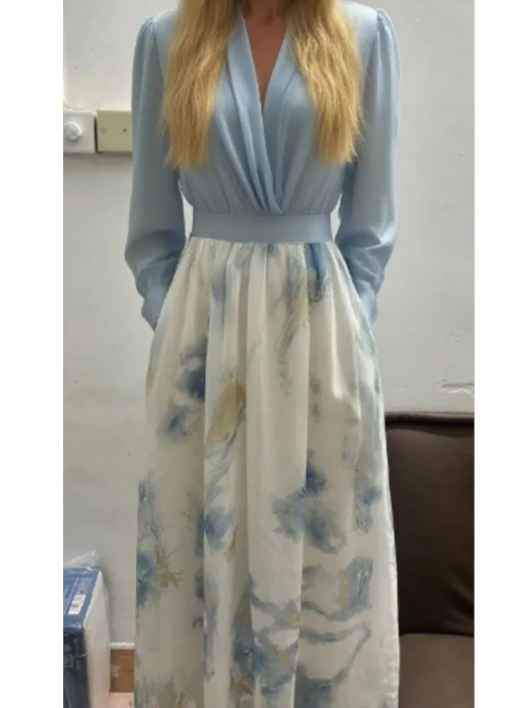 

Fashion Dress Floral Print Patchwork Bohemian Dress Woman's 2025 Sexy V Neck Hollow Long Dresses Long Sleeve Vestidos Para Mujer