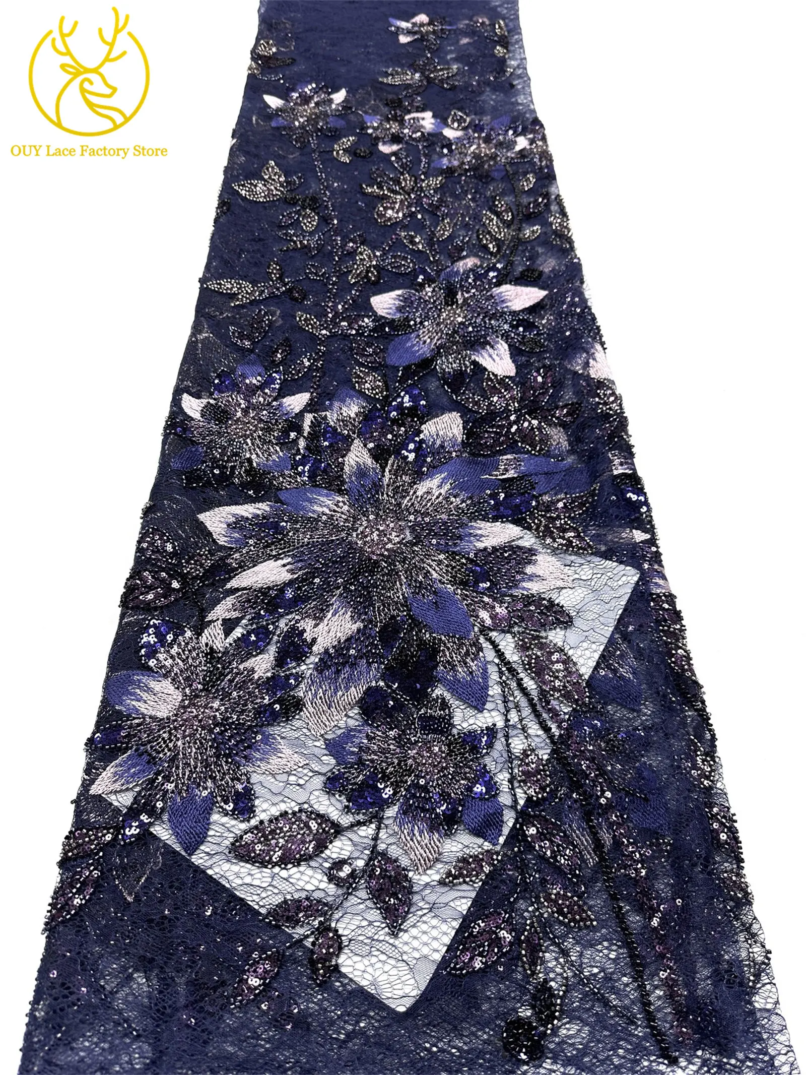 3D-Stickerei-Blattapplikation mit Pailletten, Röhrenperlen und Spitze, hochwertiger französischer Tüllspitzenstoff für Hochzeitskleider, Brautkleider und Partykleider zum Nähen. – Detail 18