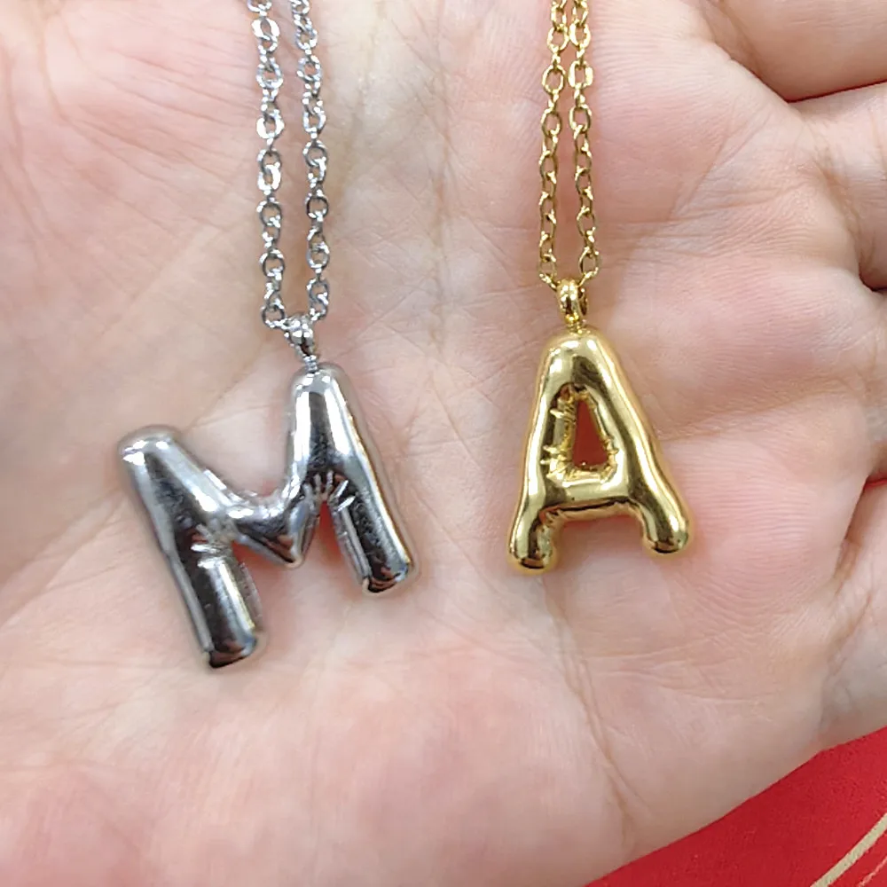 Silver Color Bubble Letter Necklace A B C D E F G H I J K L M N O P Q R S T U V W X Y Z Balloon Initial Pendant Necklaces Women