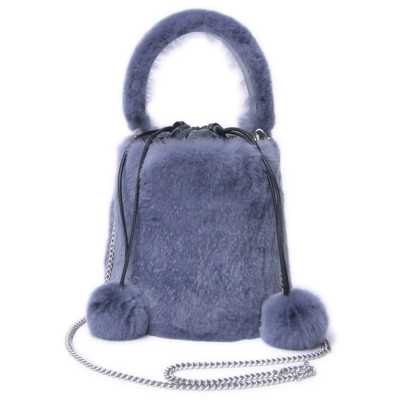 Women\'s Luxury Plush Bucket Bag High Quality Real Rex Rabbit Fur Shoulder Fur Bag Chain Decoration Can Crossbody Fur Bag