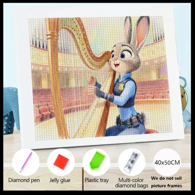 

1 шт. Judy Hopps Zootopia Набор алмазной живописи, 5D DIY Полная дрель Мультяшный кролик Полицейский игровой арфа Музыкальное искусство, большой 40x50