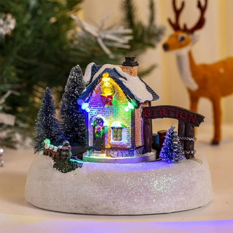 L9NB Christmas Glowing Snow House Figurine Rotatable Music Train Sculpture