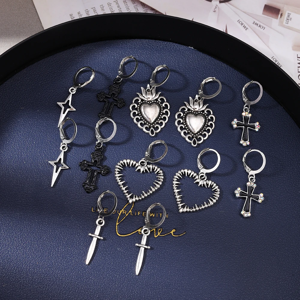 Aihua 12 stücke Mode Silber Farbe Herz Tropfen Ohrringe Set für Frauen Teenager Einfache Kreuz Anhänger Baumeln Ohrring Y2K Party schmuck – Detail 6