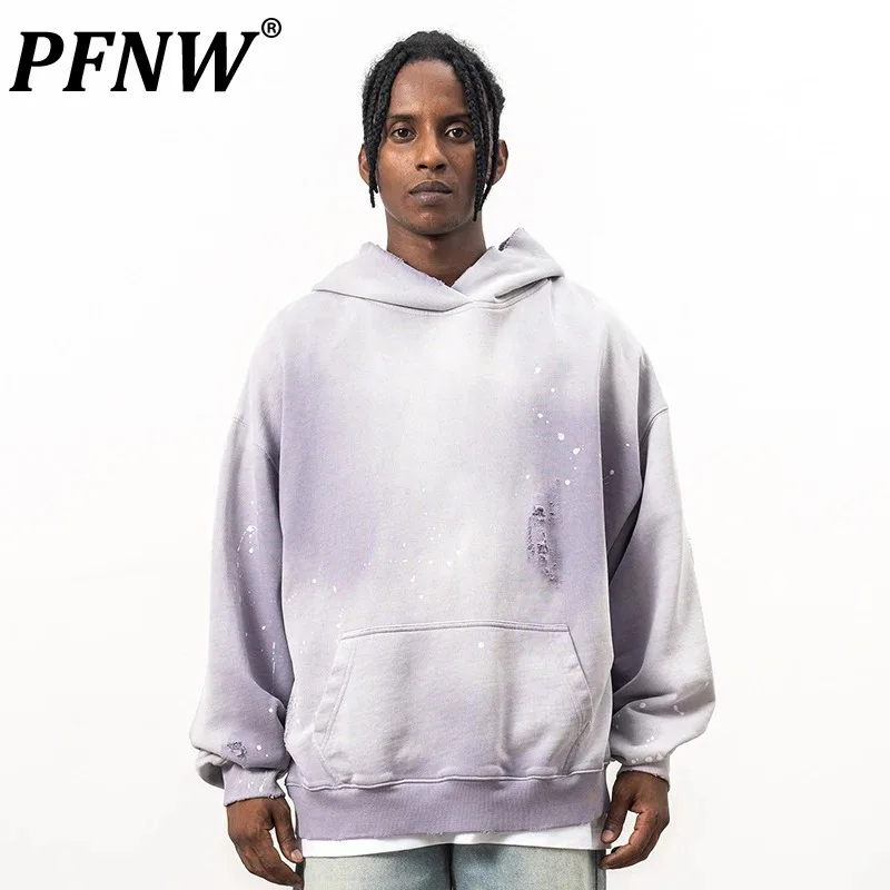 

PFNW Men's Autumn Winter New Sweatershirt Trendy High Street Irregular Tie Dyed Broken Design Male Pullover Hoodie New 28W5231