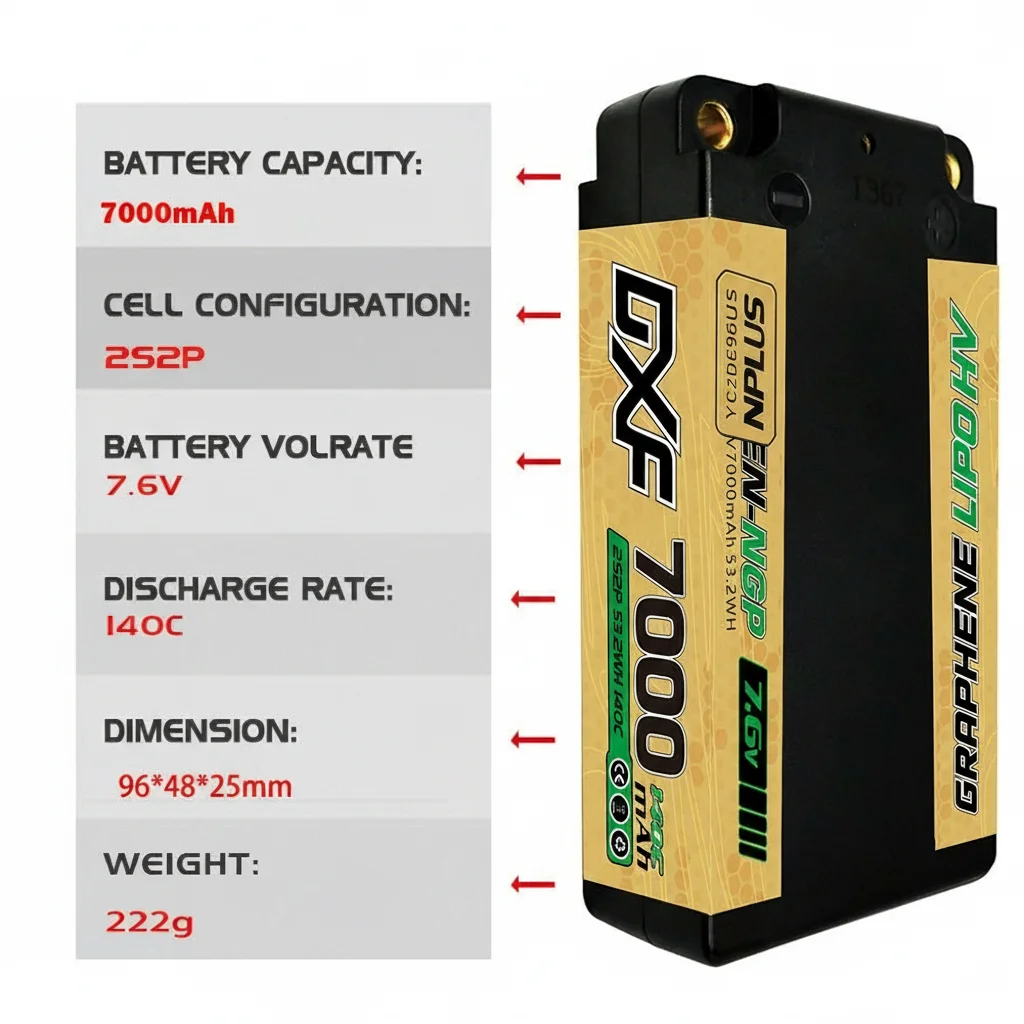 DXF 2S Shorty Lipo Akku 7000mAh 7,6V 140C 5mm T-Stecker Hardcase für 1/10 Buggy Truggy Offroad Boot Auto LKW RACING Helikopter – Detail 5