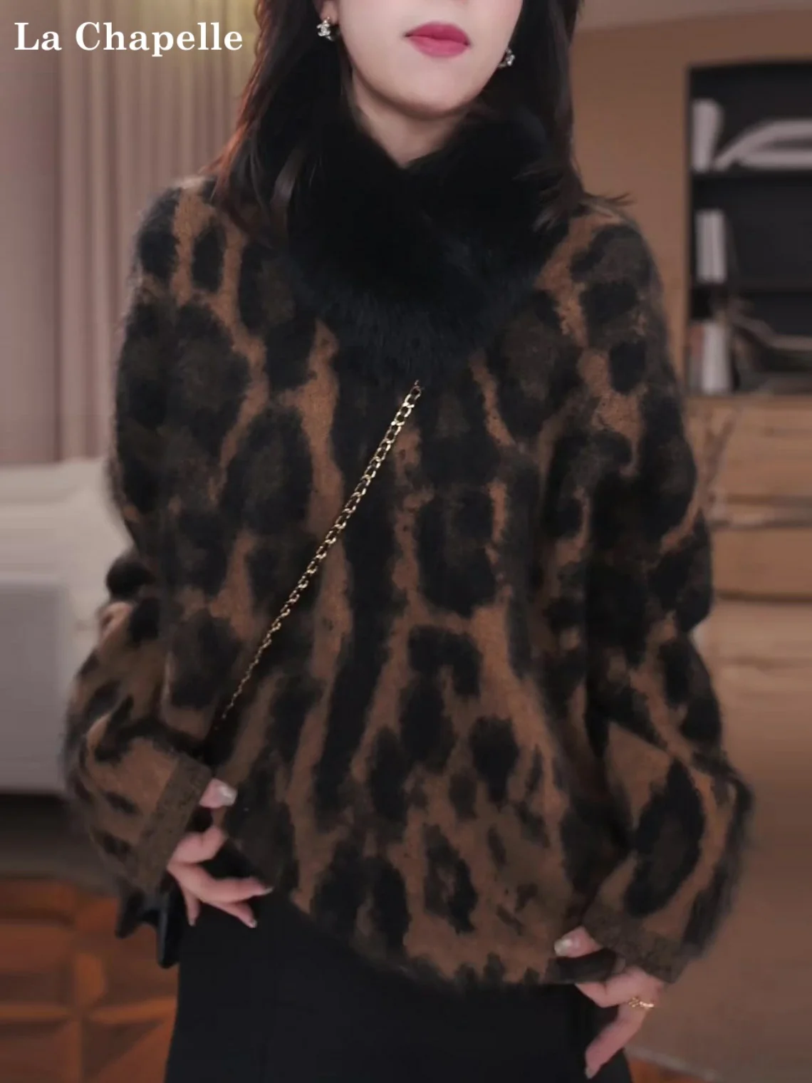 

Женская свободная вязаная кофта La Chapelle с леопардовым принтом, длинный рукав, круглый вырез, верхняя одежда для весны, осени и зимы, комфортная