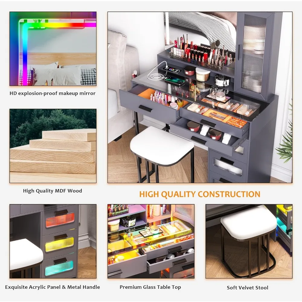 Dressing table with automatic sensor RGB light and wireless/USB/C-type charging glass top dressing table,with chairs and6drawers