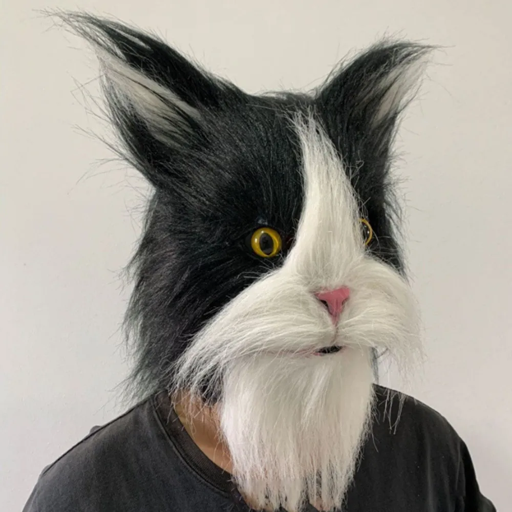 Realistische Flauschige Katzenmaske, Schwarz-Weiße Pelzige Tier-Vollkopfmaske, Latex-Katzenkopfmaske für Halloween, Cosplay und Maskenpartys – Detail 2