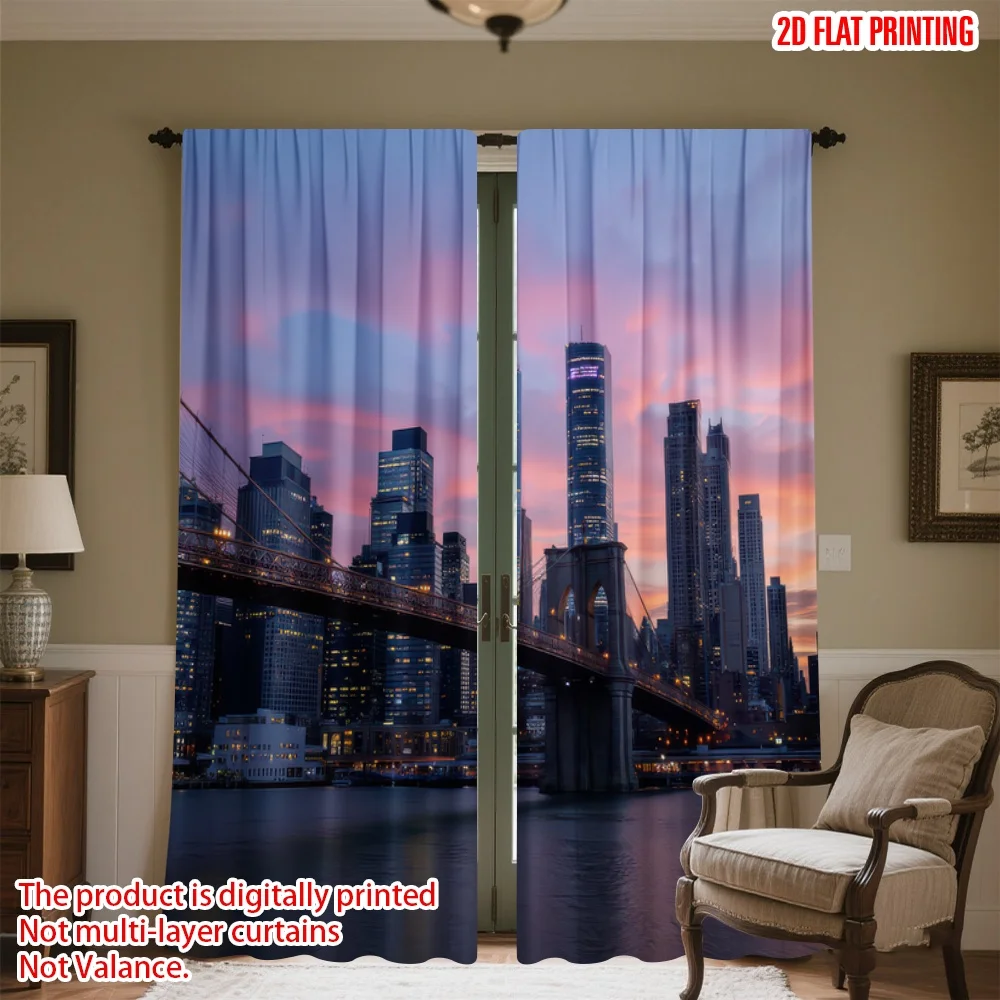 

2D flat printing 2pcs Party Curtain City Sunset Skyline Digital Printed Polyester Drapes Festive Holiday Use for Bedroom Living