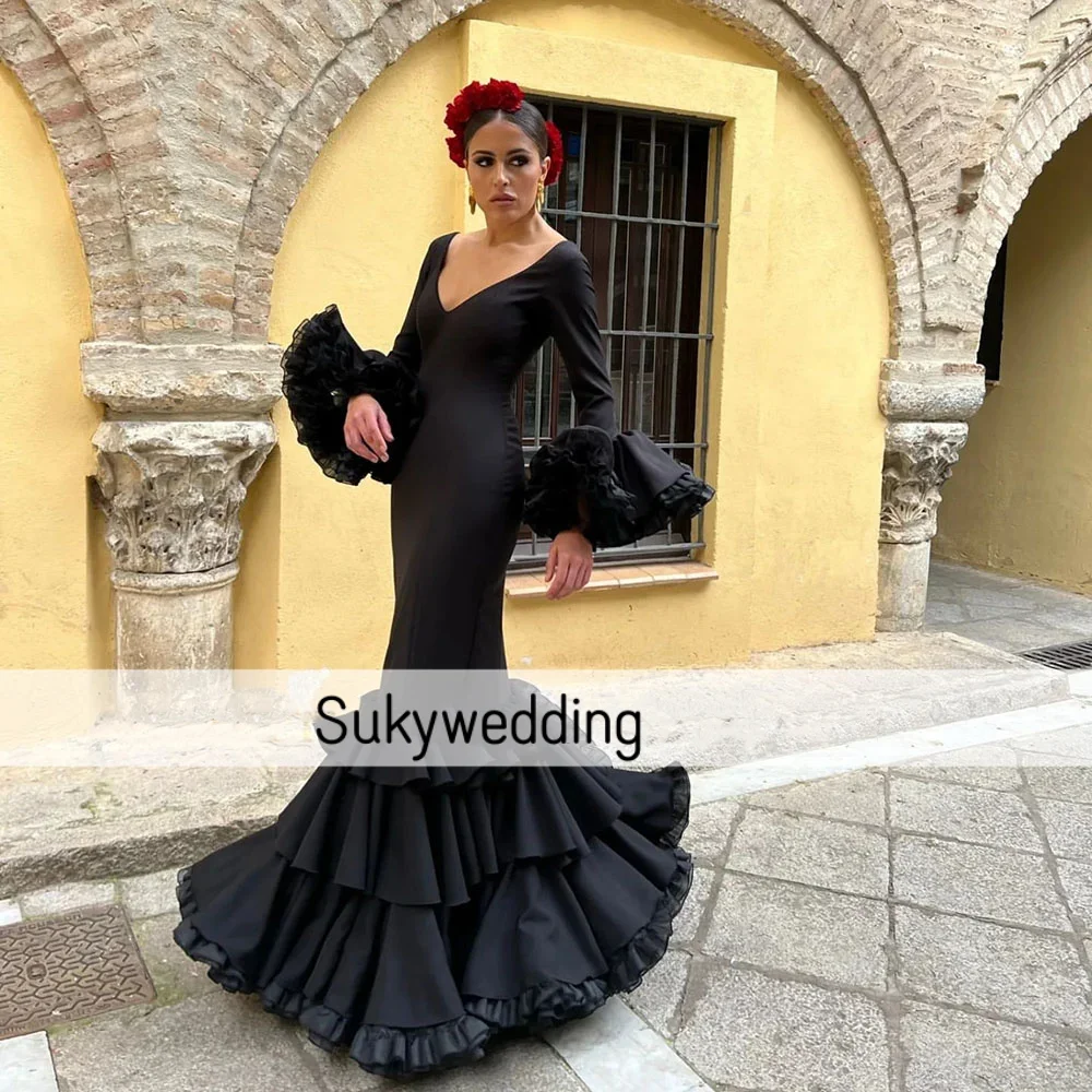 Flamenco Prom Dress Mermaid Prom Dresses with Long Sleeves Ruffles Tiered Skirt Dancing Spain Evening Occasion Gowns Customized