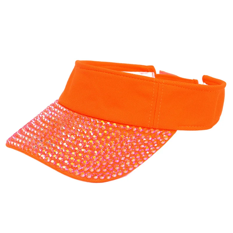 Shiny Rhinestone Neon Orange Sun Visor Cap for Women Summer Swimming Party Dance Team Visors Fluorescent Yellow Pink White Black