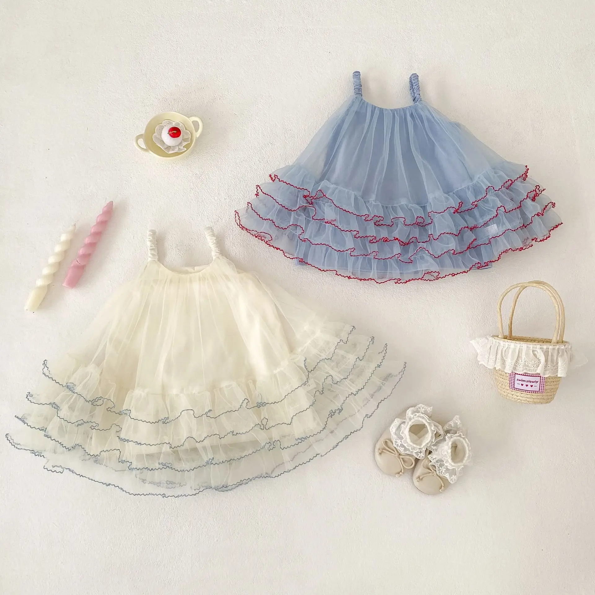 2026 Summer Lightweight Mesh Strap Princess Dress for Girls, Sweet Puff Skirt Baby Girl's One-Year-Old Birthday Dress