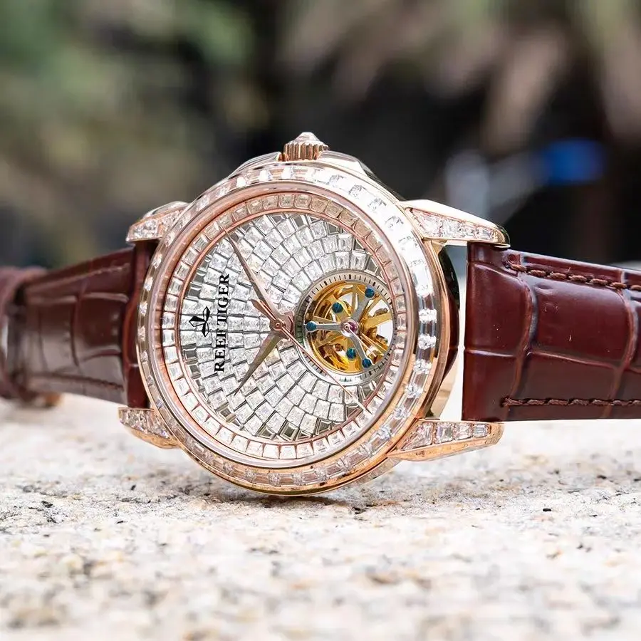 Reef Tiger Men Automatic Watch 41.5mm Mechanical Wristwatch Luminous Skeleton Full Crystal Dial Sapphire Mirror