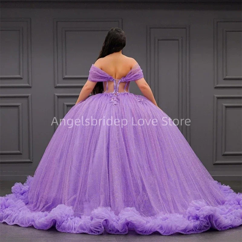 Angelsbride Lavender Ball Gown Quinceanera Dresses With Beading Ruffle Train Cinderella Birthday Party Gown Vestido De 15 Años