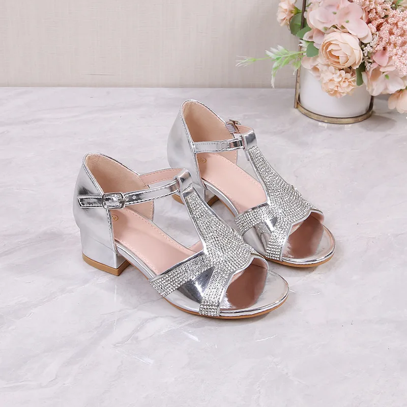 

Summer Girls Sandals Fashion Shiny Rhinestone Children Soft-soled Shoes Waterproof Kids Princess Dress Party Crystal High Heels