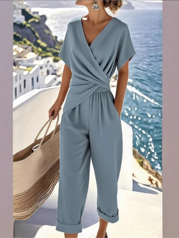 

Fashion Solid Color Irregular Short-sleeved Nine Quarter Pants Suit Spring Summer New Sexy V-neck Top Women's Sports Suit