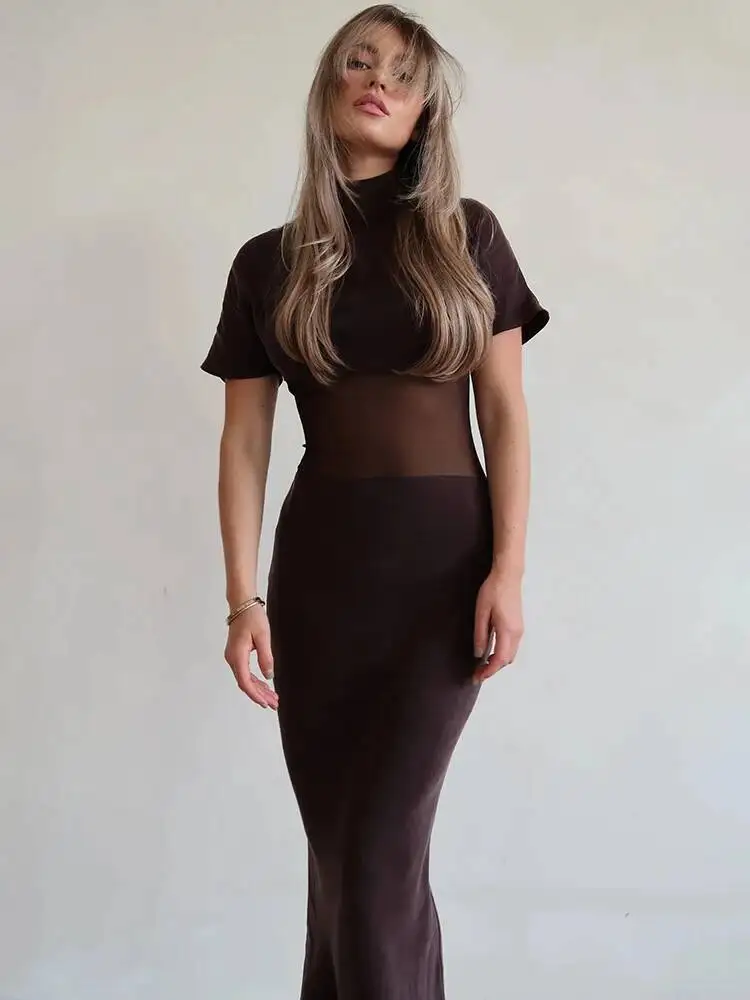 Blifanbo Turtleneck Sexy Mesh Short Sleeve Maxi Dress Women Gown Elegant Bodycon Patchwork Sheer Backless Club Party Long Dress