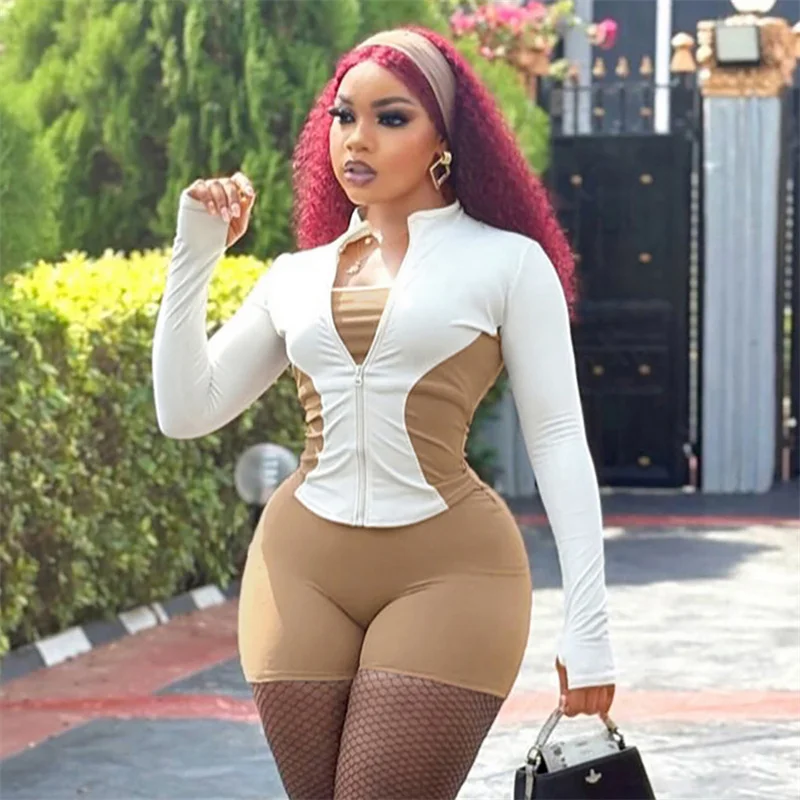 

Doyerl Active Wear 2 Piece Set for Woman Sporty Fitness Yoga Patchwork Long Sleeve Zipper Jacket Top and Shorts Matching Sets