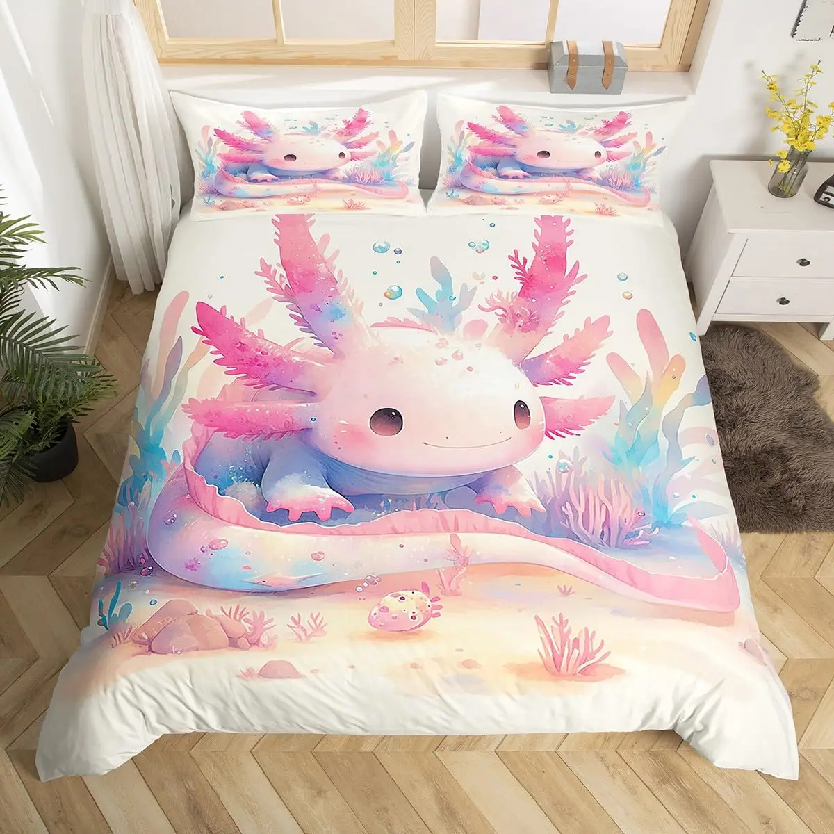 Cute Axolotl Duvet Cover Sets for Kids Boys Girls Lightweight Bedding Sets Cartoon Salamander Bedding Set Bedroom Decor No Quilt