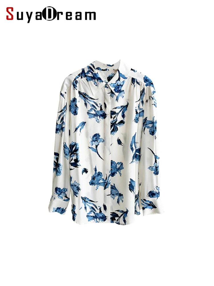 SuyaDreamm, Woman Blue Floral Shirts, 100%Silk Crepe, Turn Down Collar Blouses, 2025 Spring Summer Elegant Top