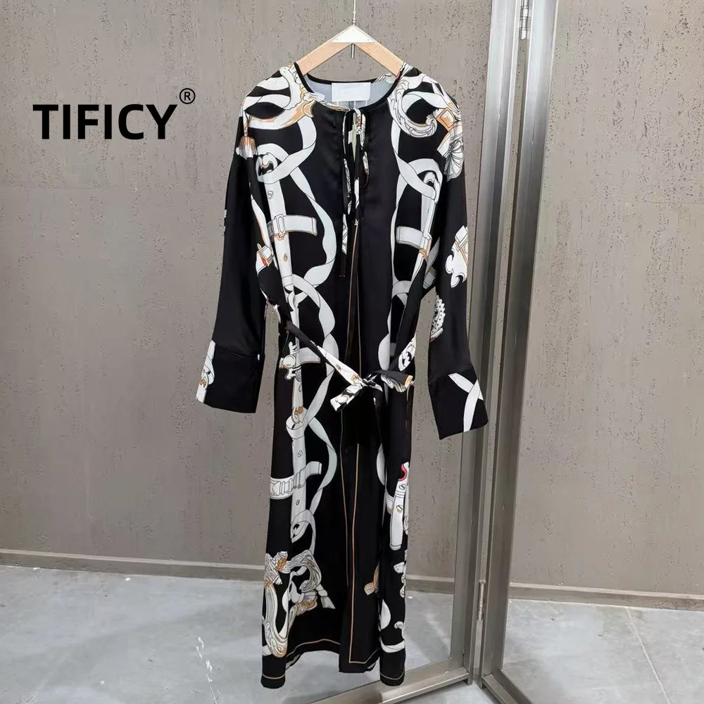 High Street High End Retro Positioning Dresses Women's Printed Long Sleeved Versatile Loose Temperament Dresses