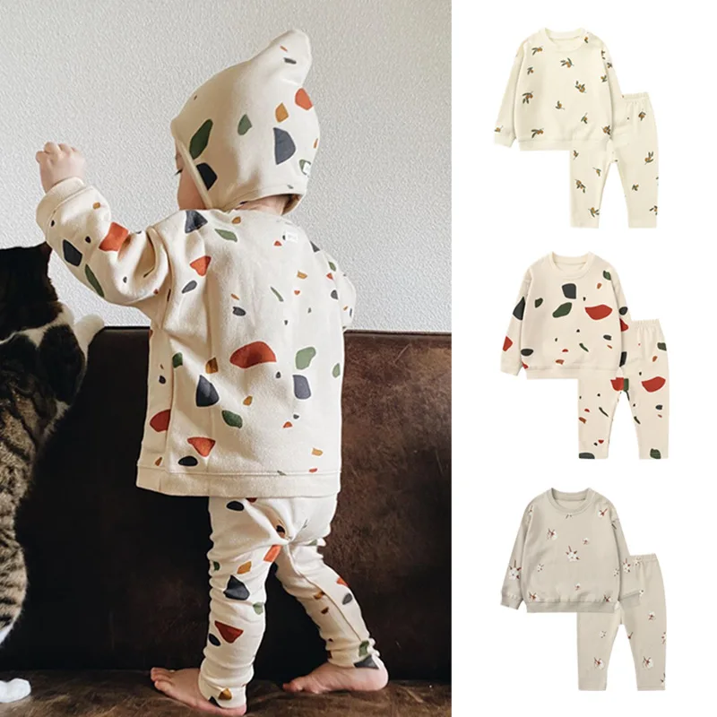 2023 Newborn Cotton Baby Boys Girls Clothes Set Autumn Colour Stonelet Print Baby Long Sleeve T-shirt Pants Suit Baby Costume Se