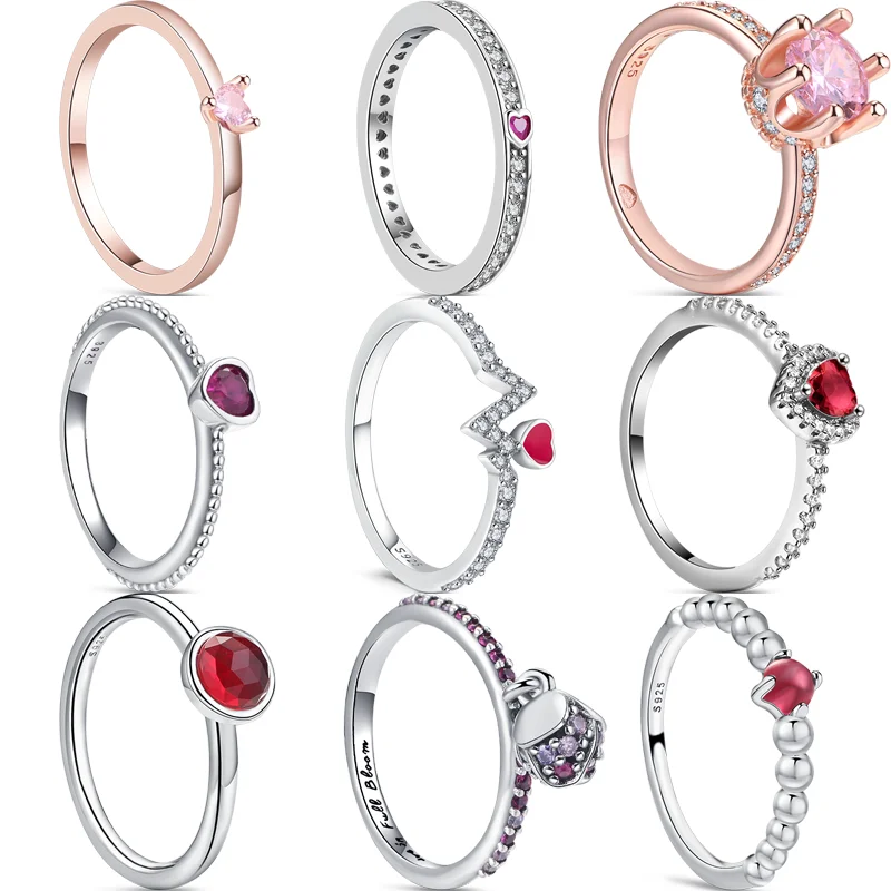 Anillos de plata de ley 925 auténtica para mujer, joyería de compromiso, circonita roja y rosa, corazón de amor, Pantaro, regalo de fiesta de aniversario