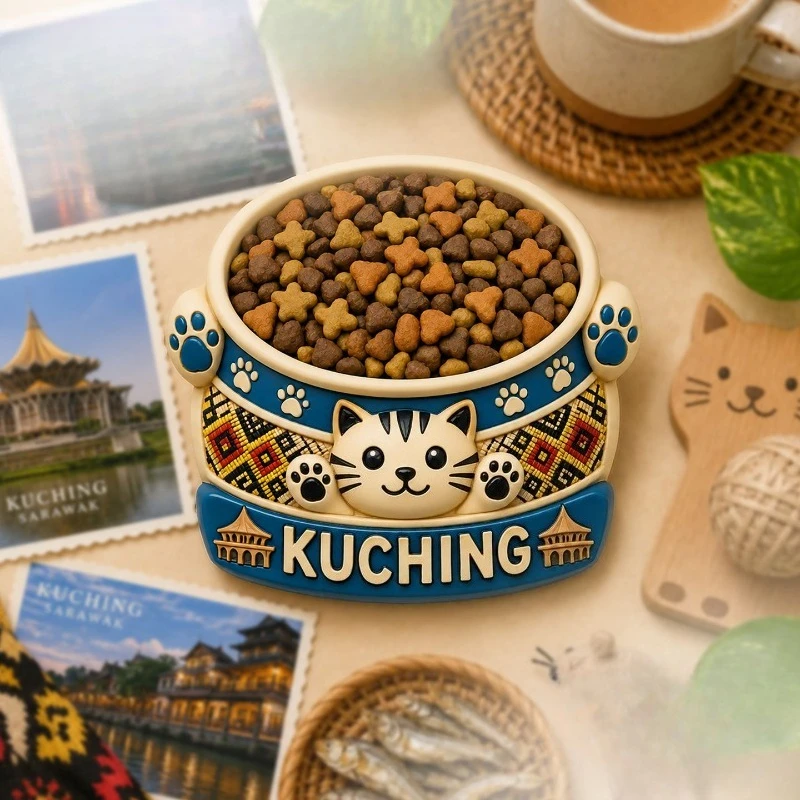 Kuching Cat Bowl Kibble Fridge Magnet - Cozy 3D Pet Souvenir Unique Borneo Gift for Travel & Animal Lovers Decor