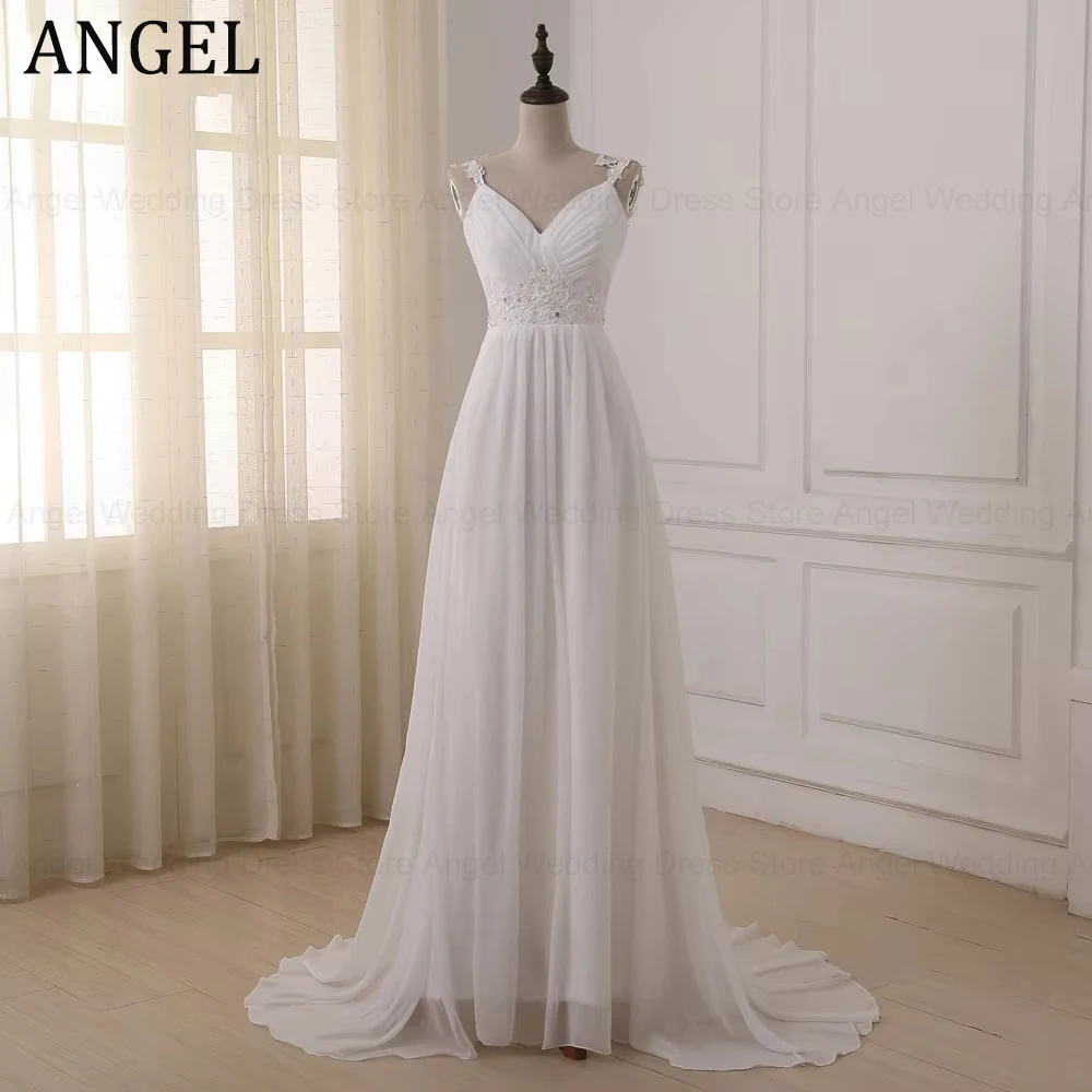 

Свадебное платье ANGEL на заказ для пляжной церемонии, большие размеры, на тонких бретелях, с бисером, на шнуровке, из шифона, свадебные платья
