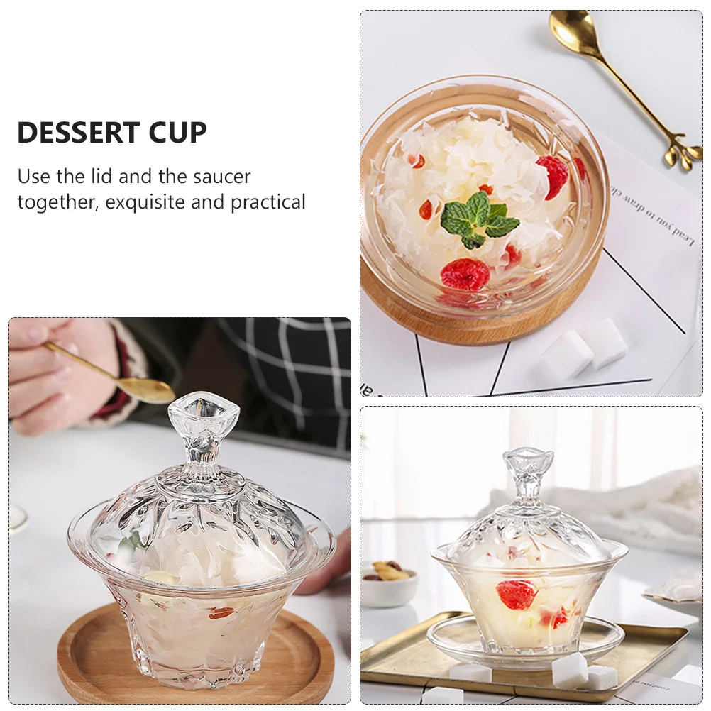

1 комплект, миска для десерта Cubilose, прозрачная креативная стеклянная конструкция, удобная дуговая крышка, блюдце, ложка, многофункциональная посуда для семьи