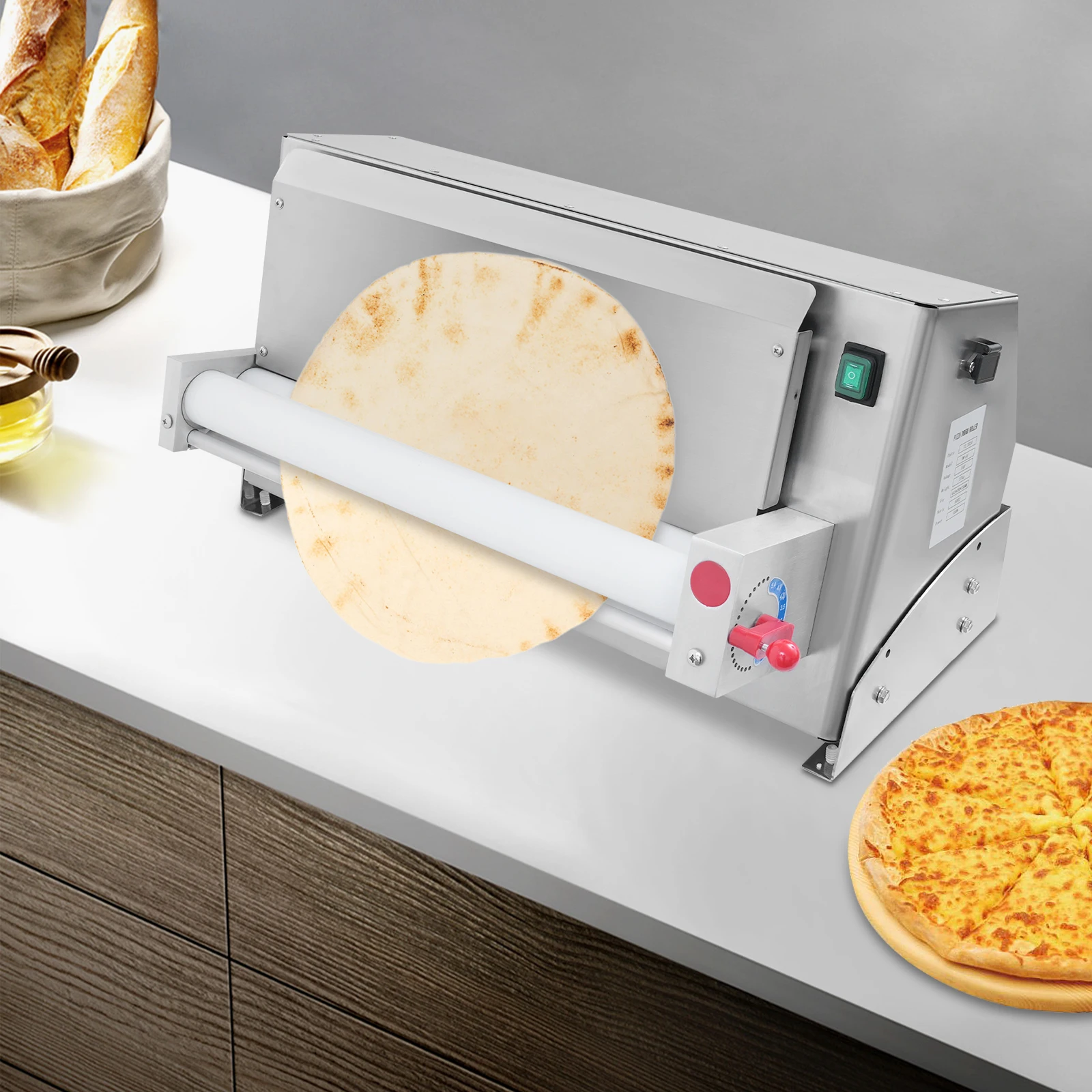 3-18インチシルバー電気ピザ生地マシン、110V食品グレード樹脂ピザプレス成形機卓上ピザショップ用