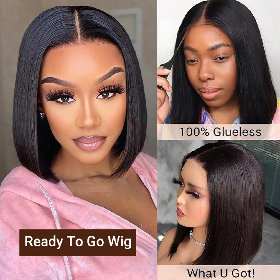 Wear Go Glueless 13X4 Bone Straight Bob Human Hair Lace Frontal Wigs 180 Density Pre Plucked  Brazilian HD Transparent Lace Wig