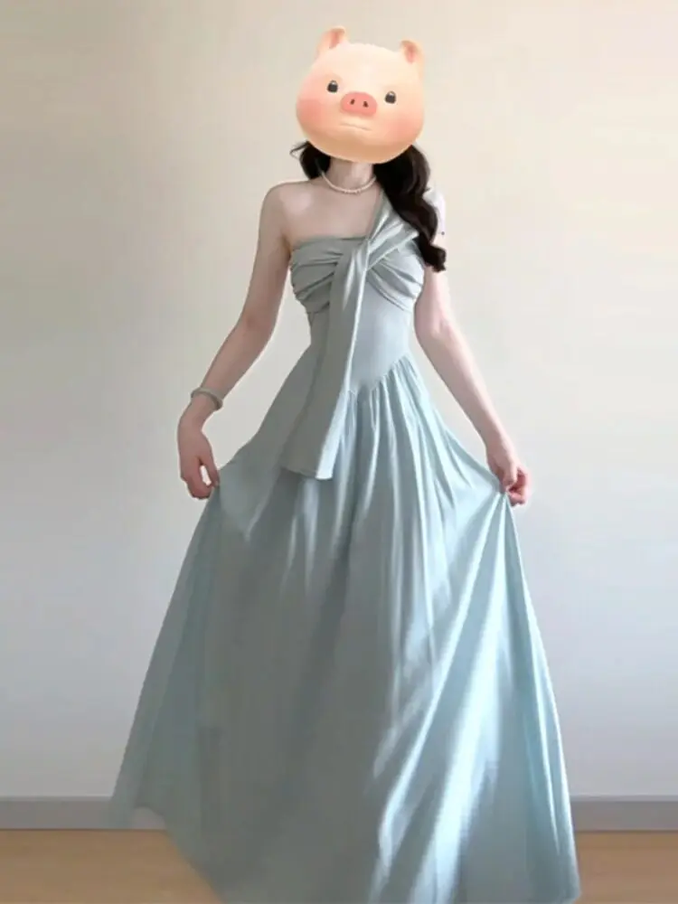 

Элегантное синее платье с поясом на одно плечо, женское, весна 2026, новая модель, приталенное, длинное, А-силуэт, во французском стиле, миди-платье