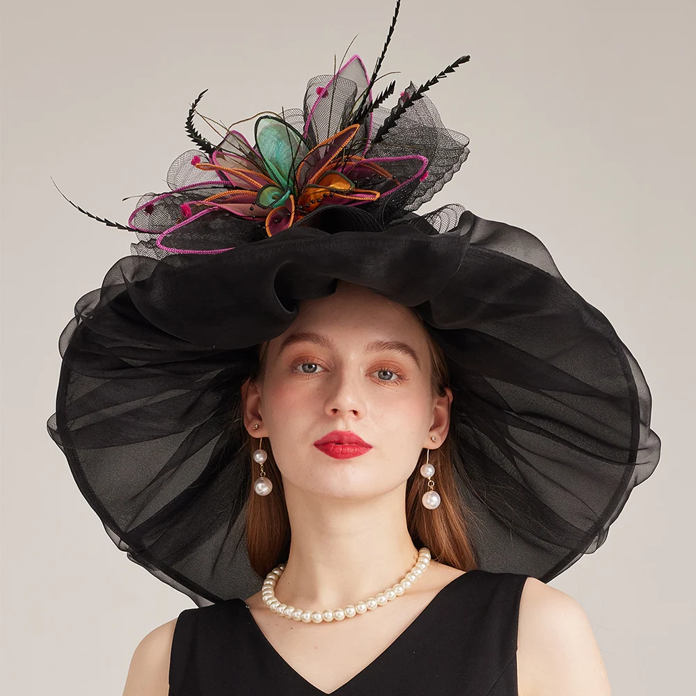 FS Black Purple Organza Fascinator Kentucky Derby Hat With Flower Feather Church Hats For Women Elegant Wedding Tea Party Cap