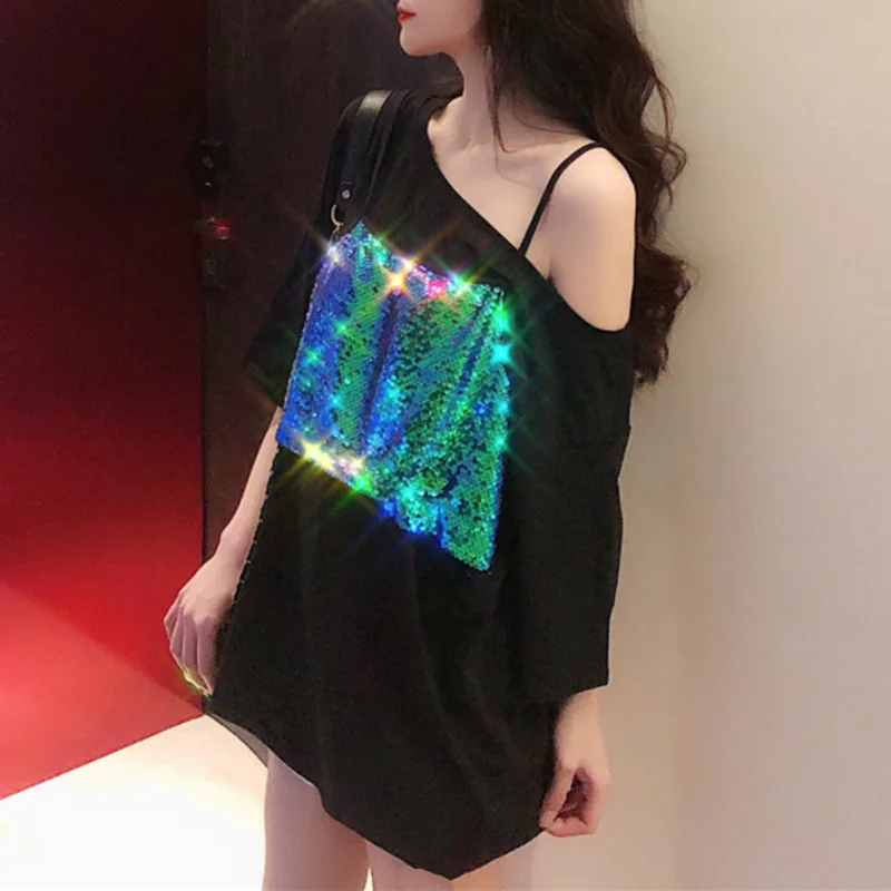 

Summer Skew Collar Fashion Short Sleeve T-Shirts Women High Street Casual Loose Tshirt Hollow Shoulder Sequin Patchwork Tee Tops