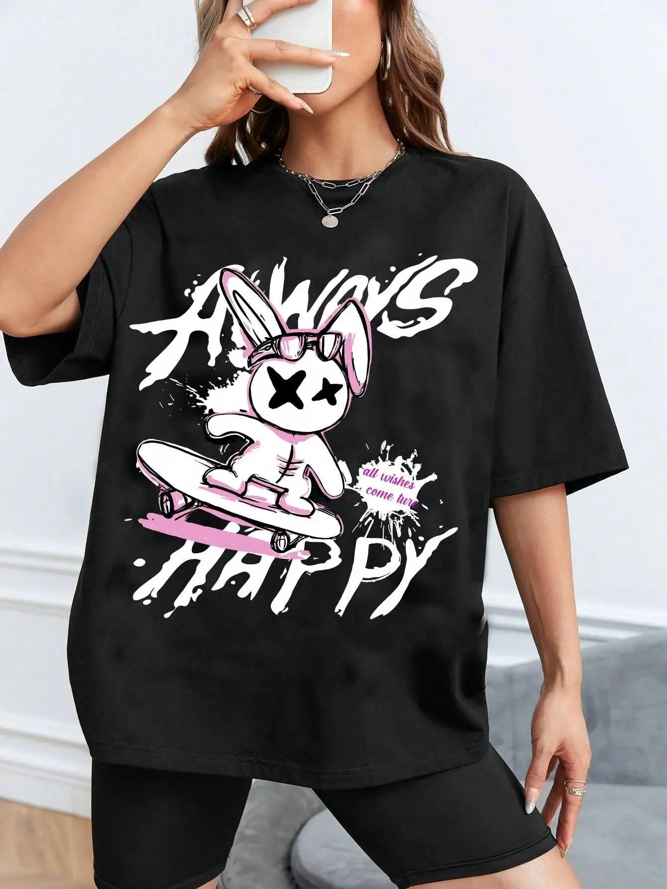 Cute Rabbit Printed Women T-Shirts Casual Fashion All-Match Soft Short Sleeve Tops Loose Comfortable Round Neck Street Clothing