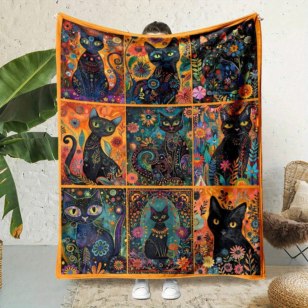 Hand-Painted Floral and Black Cat Nine-Square Throw Blanket: Seasonal, All-Weather, Reversible, and Made with Soft Viscose Fabri