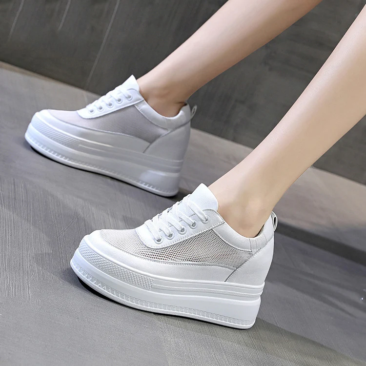 CXJYWMJL Genuine Leather Women Platform Sneakers Wedgies Spring Casual Vulcanized Shoes Ladies Thick Bottom Court Sneakers White