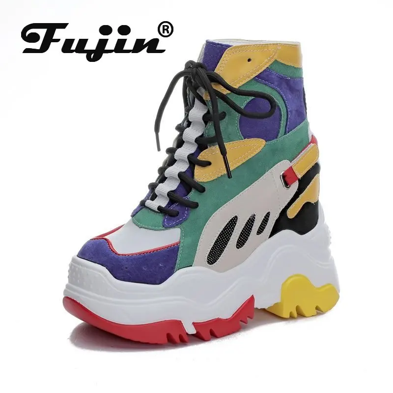 Fujin 12cm Suede Genuine Leather Women High Brand Designer Shoes Ankle Boots Autumn Spring Mixed Color Platform Wedge Sneakers