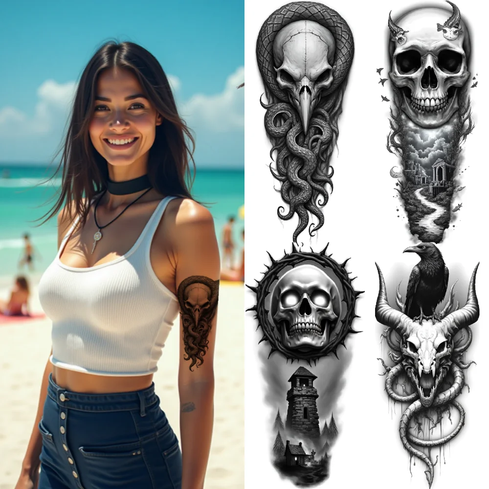 

3pcs Temporary Tattoo Skull With Waterproof Long-lasting Body Stickers Skeleton On Fire Skull With Flowers And Gears For